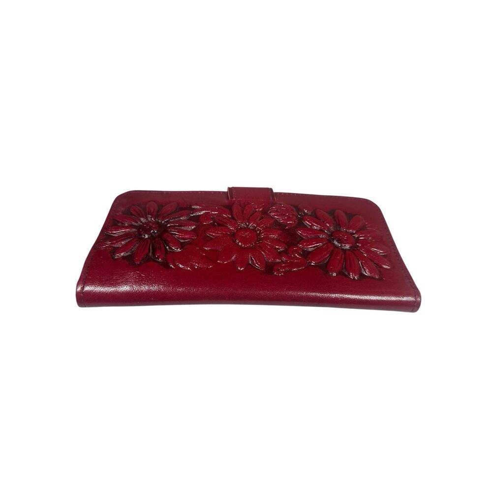 Vtg‎ Red Tooled Leather Sunflower Womens Embossed Clutch Wallet Mexico 8" x 4" - Picture 8 of 10